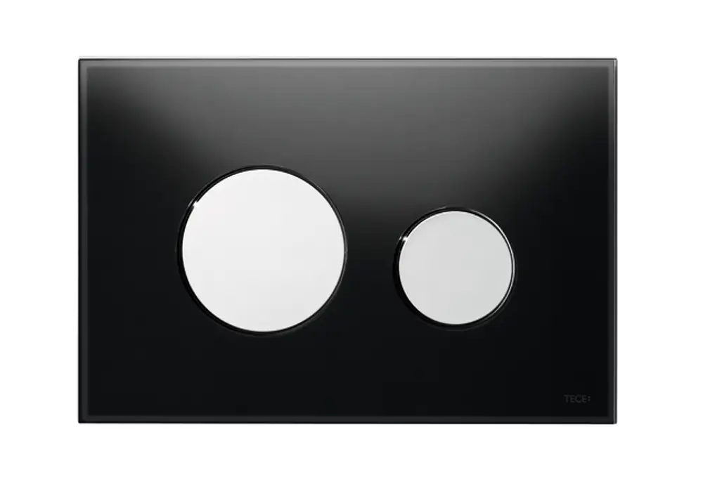 TECE WC-Betätigungsplatte aus schwarzem Glas mit zwei chromglänzenden Tasten für die Zweimengentechnik, auf rechteckigem Format, schlichte Gestaltung.